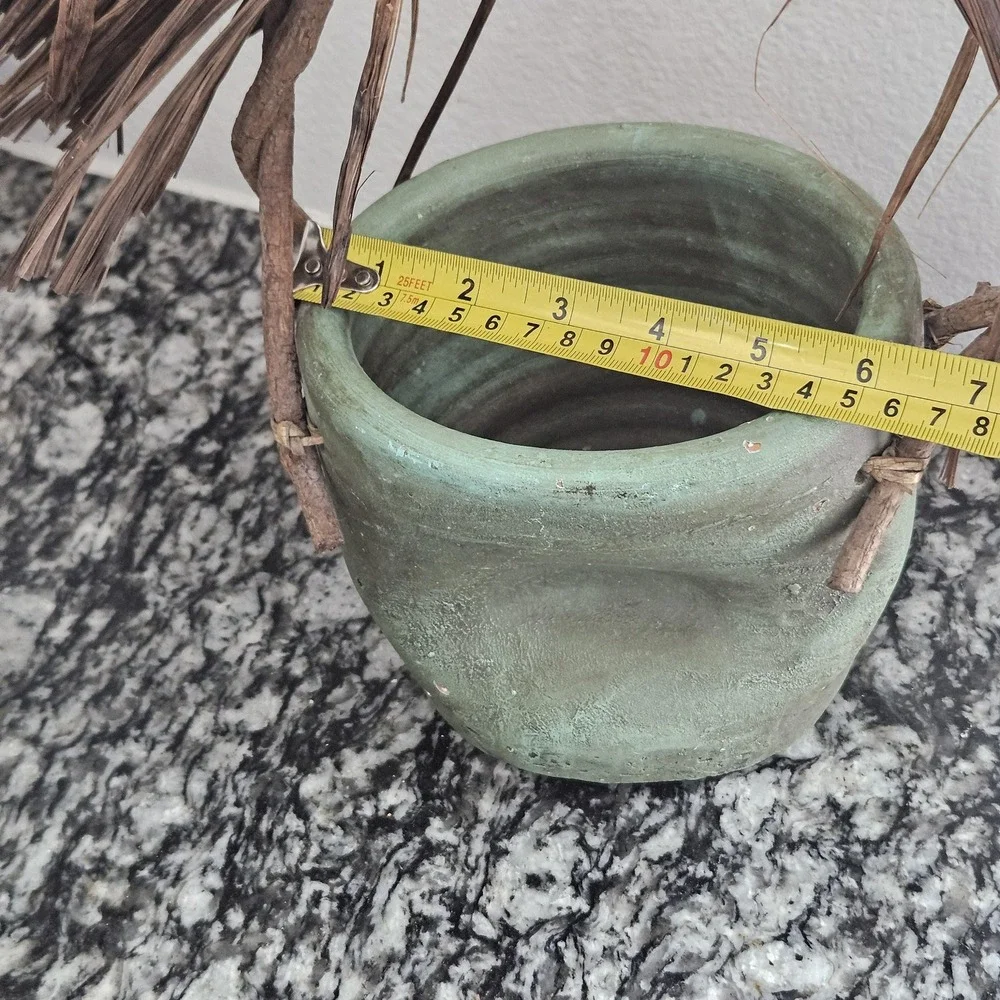 Artisan‎ Studio Pottery Sage Green Vessel Twig Raffia Handle Planter Vase